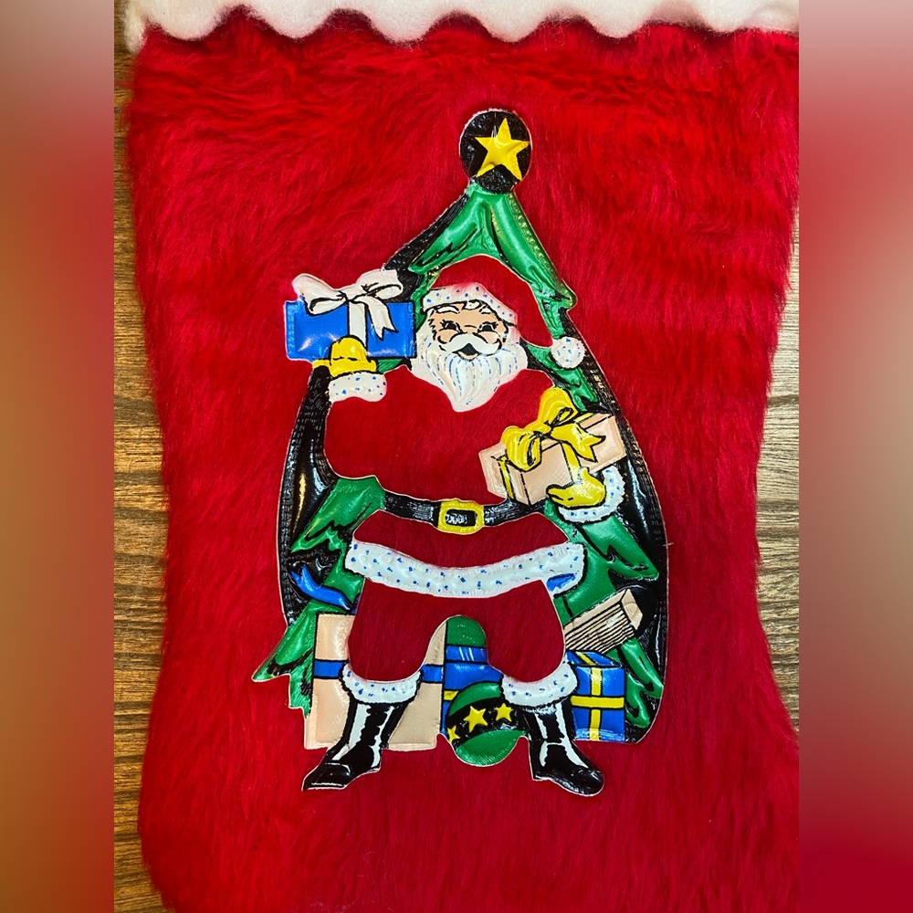 Vintage Red/White Furry Christmas Stocking W/Plastic Santa Graphic - Picture 2 of 6